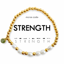 Load image into Gallery viewer, Morse Code Pearl & Gold Beaded Bracelet - STRENGTH
