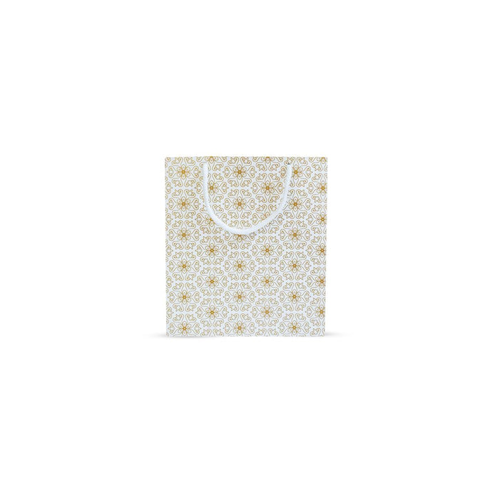 White & Gold Printed Gift Paper Carry Bag -Small (9 * 8 * 3Inches) (Pack of 5) (Royal Flower)