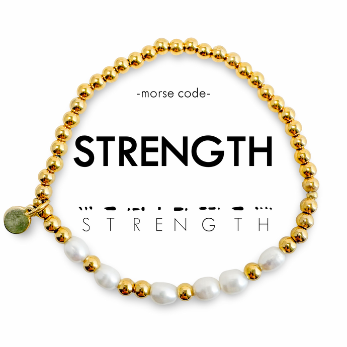 Morse Code Pearl & Gold Beaded Bracelet - STRENGTH