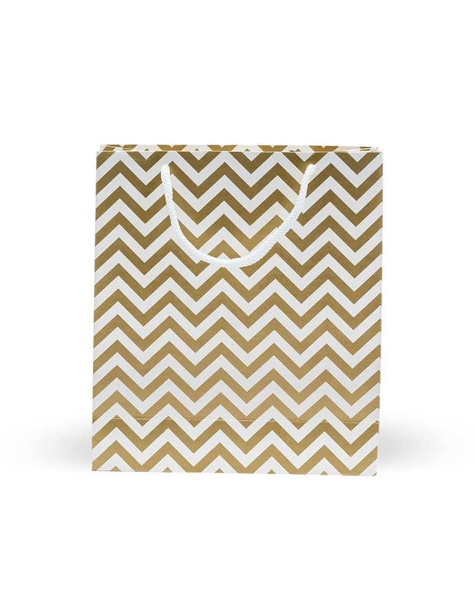 White & Gold Printed Gift Paper Carry Bag -Small (9 * 8 * 3Inches) (Pack of 5) (Zig Zag)