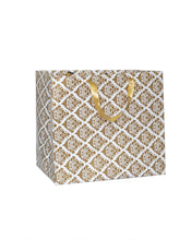 Load image into Gallery viewer, Cake-Box-Size White &amp; Gold Printed Paper Carry Bag - (11 * 10 * 8 Inches) (Pack of 5) (Golden Flower Satin)
