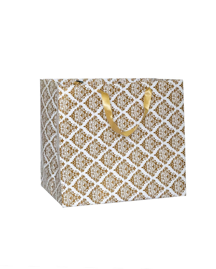 Cake-Box-Size White & Gold Printed Paper Carry Bag - (11 * 10 * 8 Inches) (Pack of 5) (Golden Flower Satin)