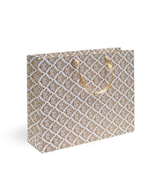 Load image into Gallery viewer, Satin Ribbon Handle White &amp; Gold Printed Gift Paper Large Carry Bags - Big (13 * 17 * 4 Inches) (Pack of 5) (Golden Flower)
