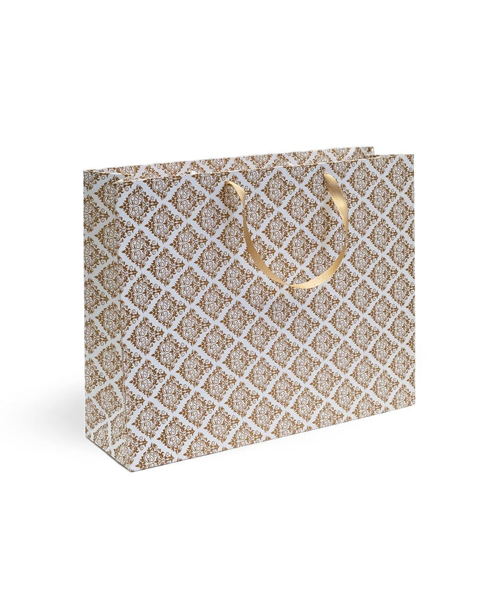 Satin Ribbon Handle White & Gold Printed Gift Paper Large Carry Bags - Big (13 * 17 * 4 Inches) (Pack of 5) (Golden Flower)
