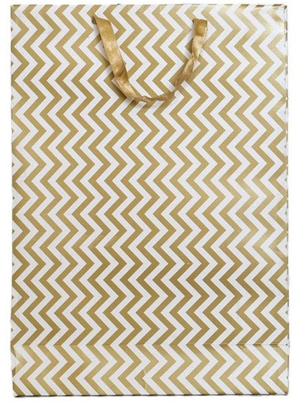 Satin Ribbon Handle White & Gold Printed Gift Paper Medium Carry Bags - (13 * 10 * 3 Inches) (Pack of 5) (Zigzag)