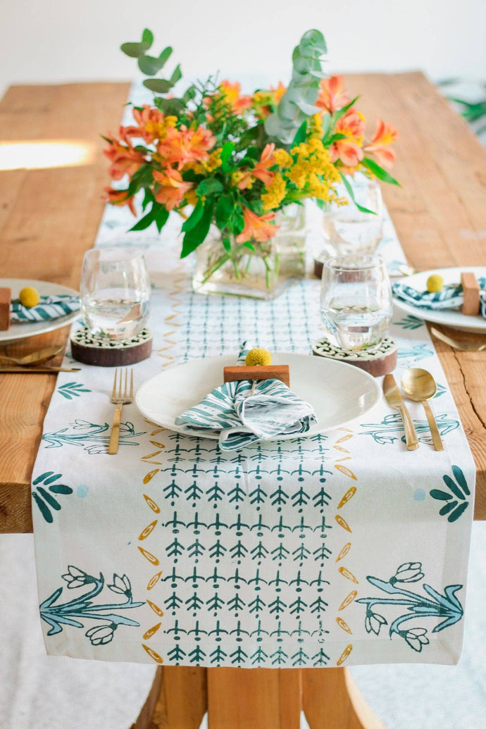 Table Runner - Snowdrop -  Midnight Green, Sky Blue & Mustard