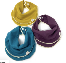 Load image into Gallery viewer, Organic Pom Pom Bib Set (Teal, Mustard, Purple)
